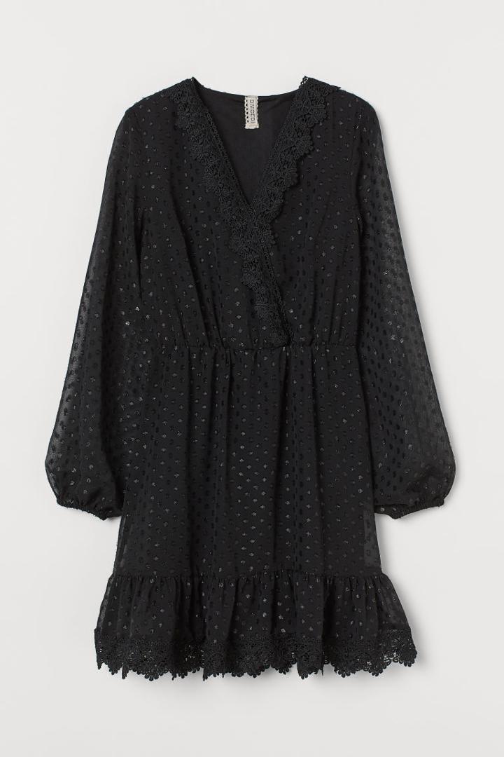 H & M - Lace-detail Plumeti Dress - Black