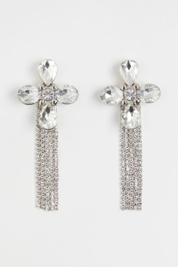 H & M - Flower-shaped Rhinestone Earrings - Silver