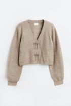 H & M - Rhinestone-bow Rib-knit Cardigan - Brown