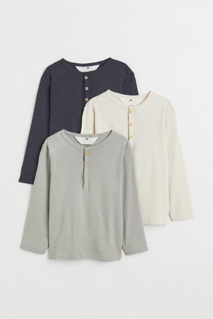 H & M - 3-pack Cotton Henley Shirts - Blue