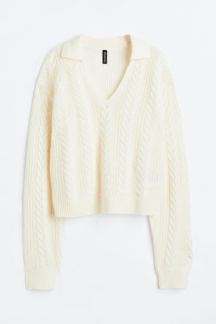 H & M - Collared Cable-knit Sweater - White