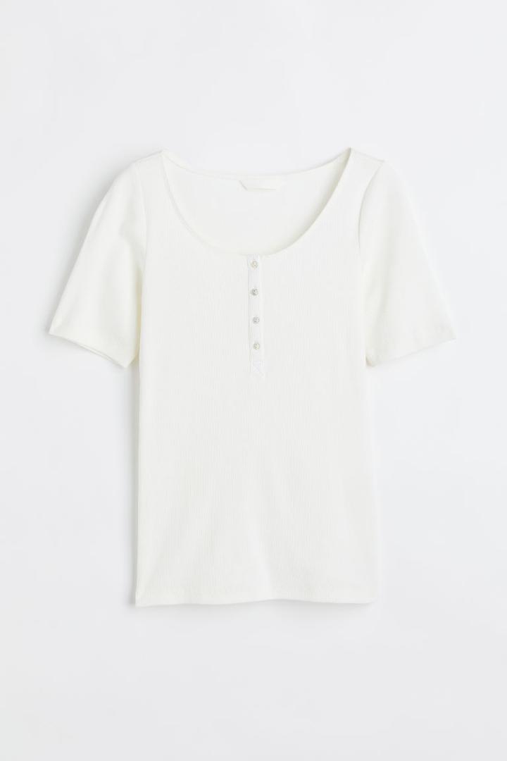 H & M - Ribbed T-shirt With Buttons - White