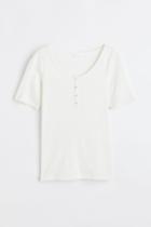 H & M - Ribbed T-shirt With Buttons - White
