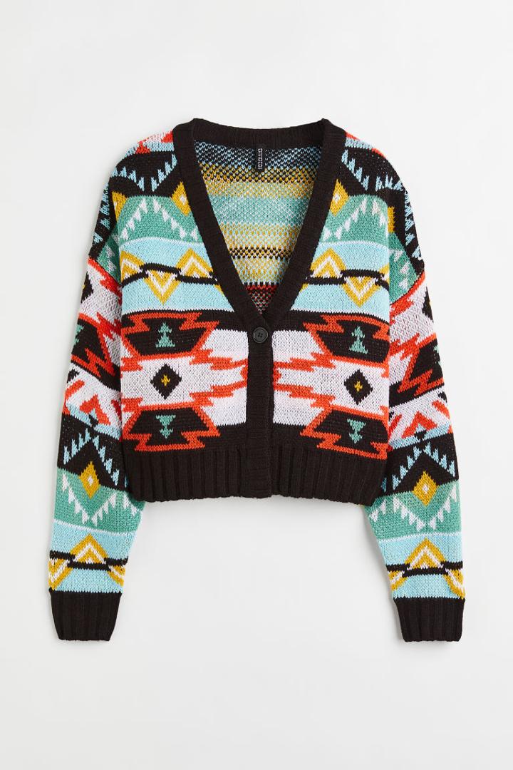 H & M - Jacquard-knit Crop Cardigan - Black