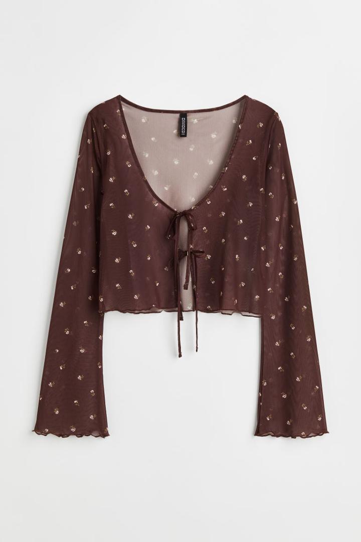 H & M - Tie-front Mesh Top - Brown