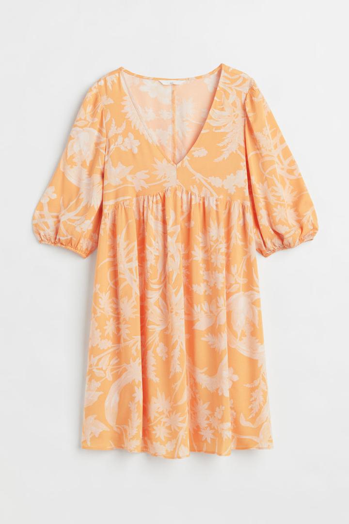 H & M - Mama Balloon-sleeved Patterned Dress - Yellow