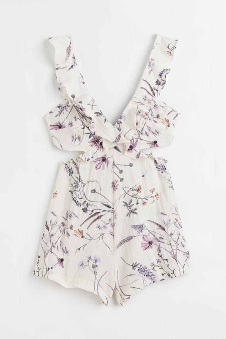 H & M - Flounce-trimmed Patterned Playsuit - Beige