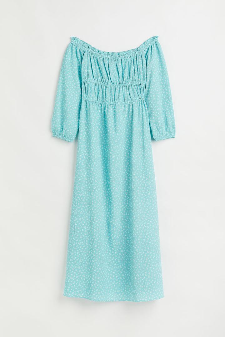 H & M - Off-the-shoulder Crped Dress - Turquoise