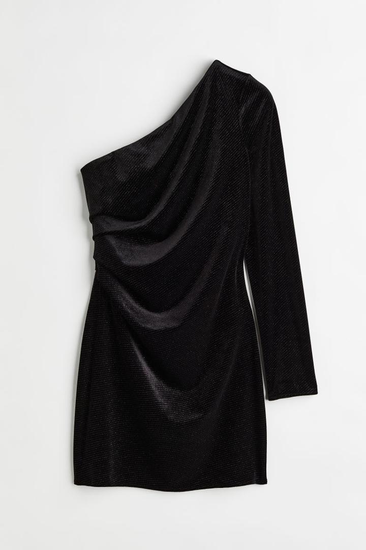 H & M - Glittery Velour One-shoulder Dress - Black