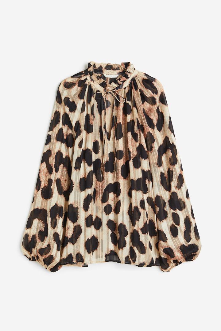 H & M - Ruffle-trimmed Crped Blouse - Beige