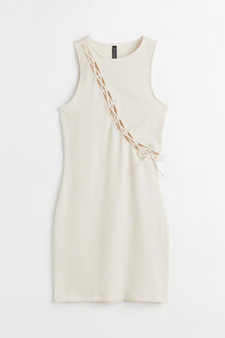 H & M - Ribbed Lacing-detail Dress - White