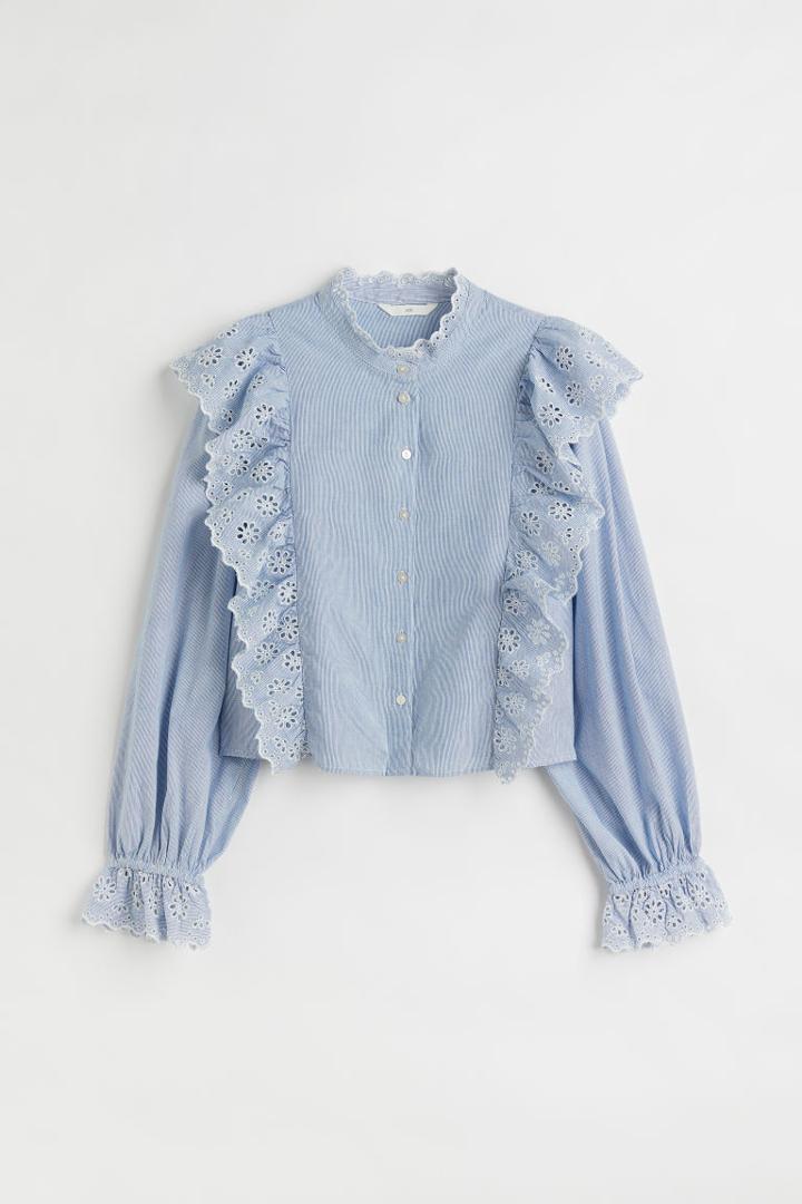 H & M - Broderie-detail Flounced Blouse - Blue
