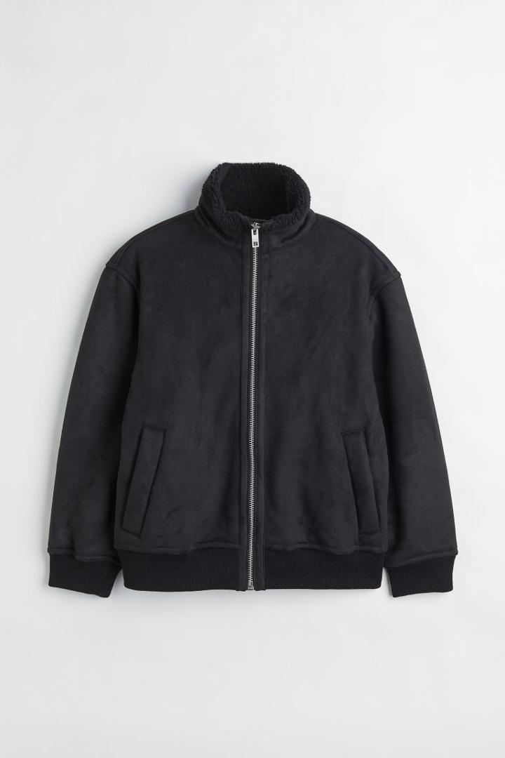 H & M - Faux Shearling-lined Bomber Jacket - Black