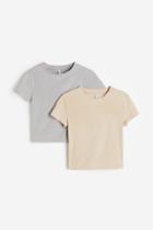 H & M - 2-pack Crop T-shirts - Beige