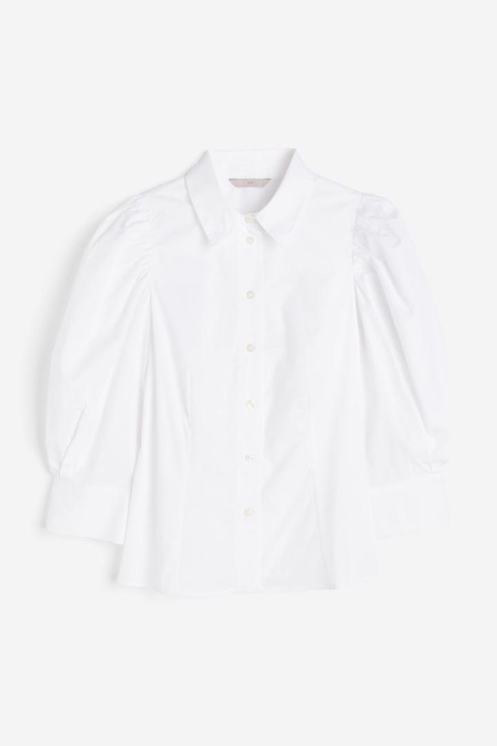 H & M - Puff-sleeved Poplin Blouse - White