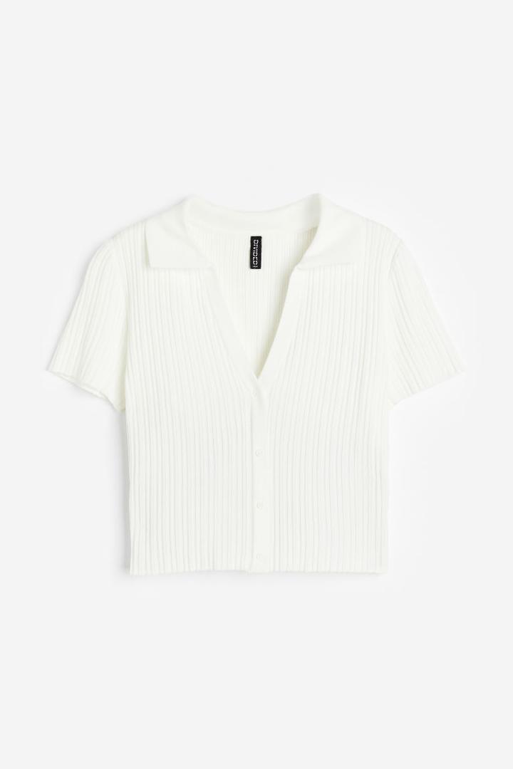 H & M - Rib-knit Top With Collar - White