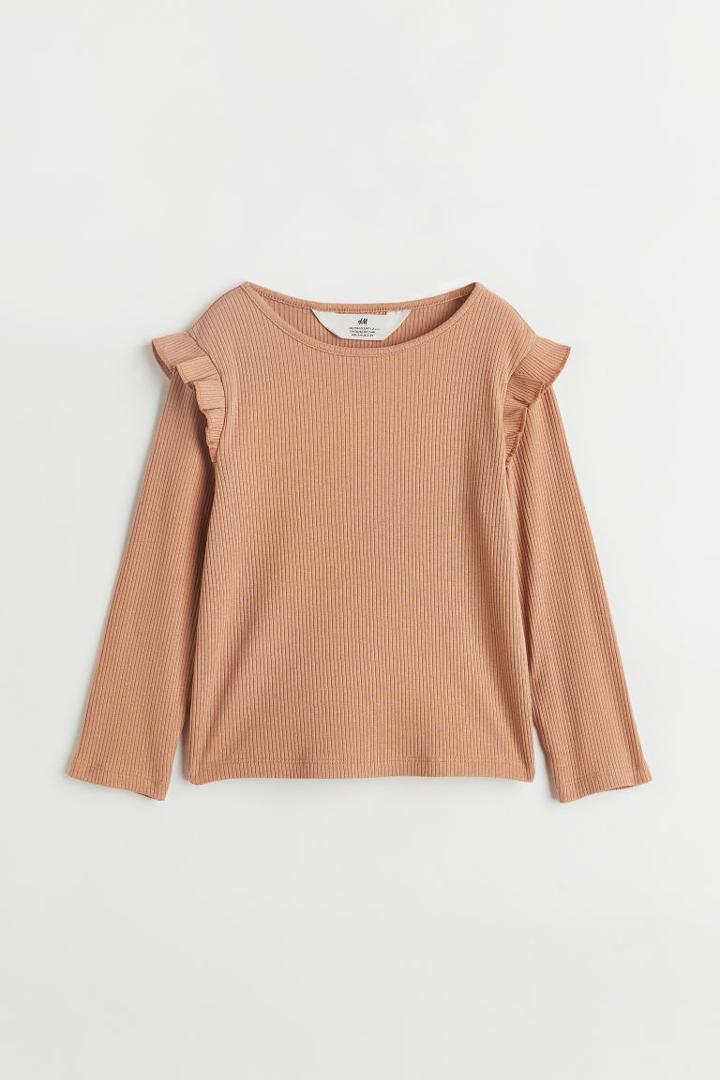 H & M - Ruffle-trimmed Ribbed Top - Orange