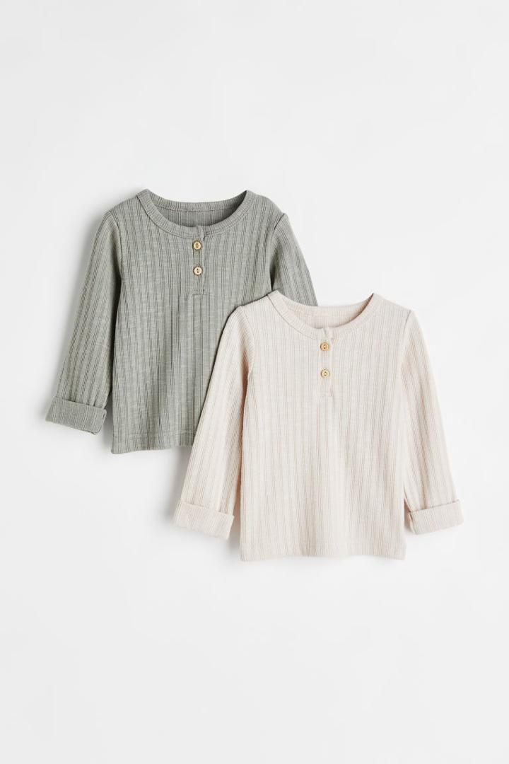 H & M - 2-pack Henley Shirts - Beige