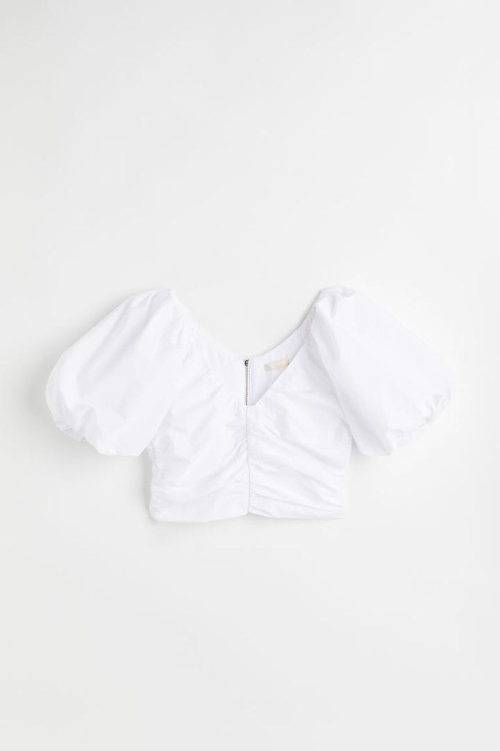 H & M - Gathered Puff-sleeved Top - White
