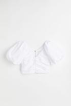 H & M - Gathered Puff-sleeved Top - White