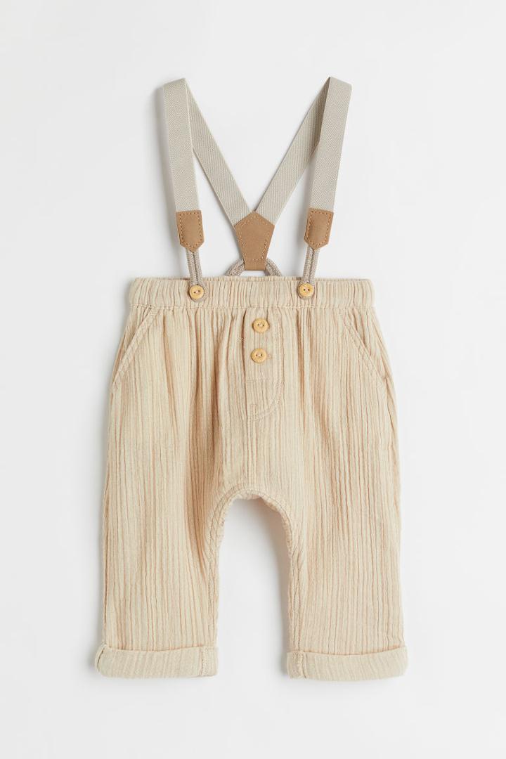 H & M - Cotton Pants With Suspenders - Beige