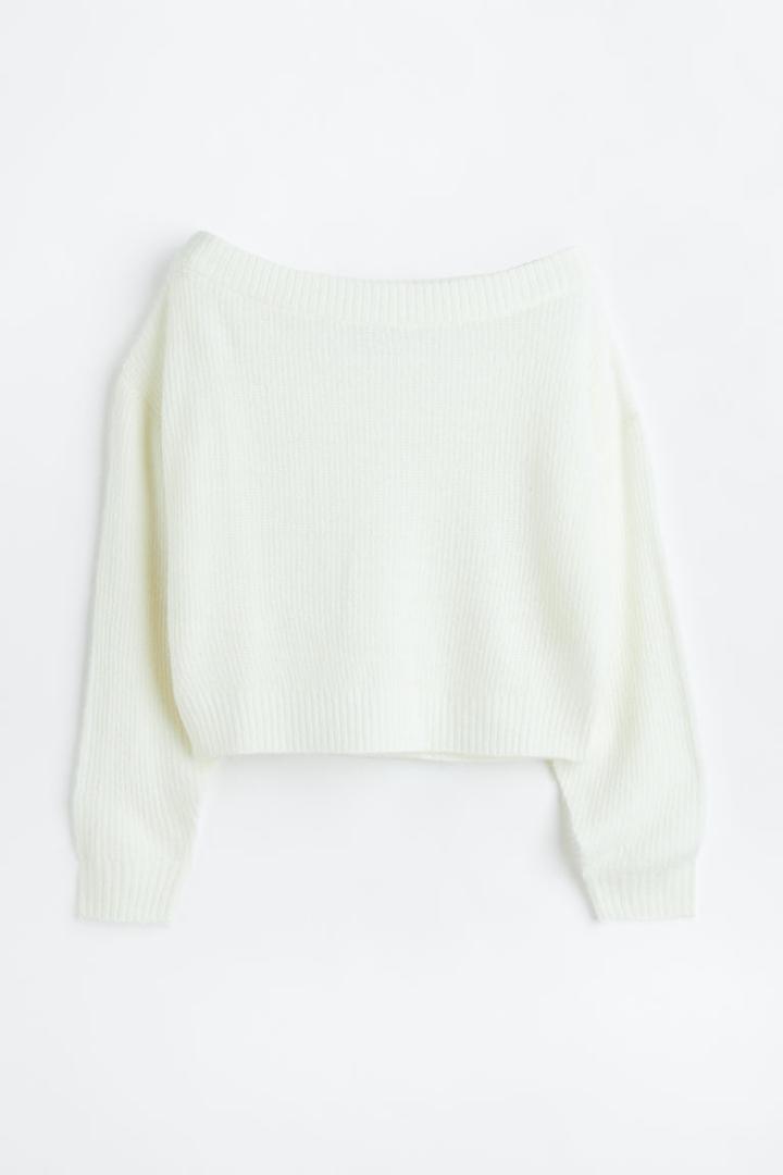 H & M - Off-the-shoulder Rib-knit Sweater - White