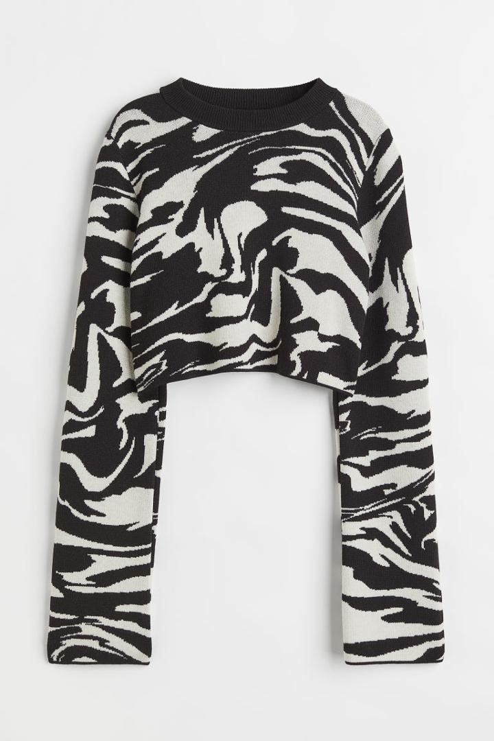 H & M - Jacquard-knit Crop Sweater - Black