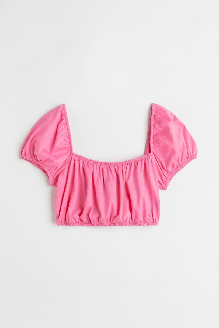 H & M - Puff-sleeved Crop Top - Pink