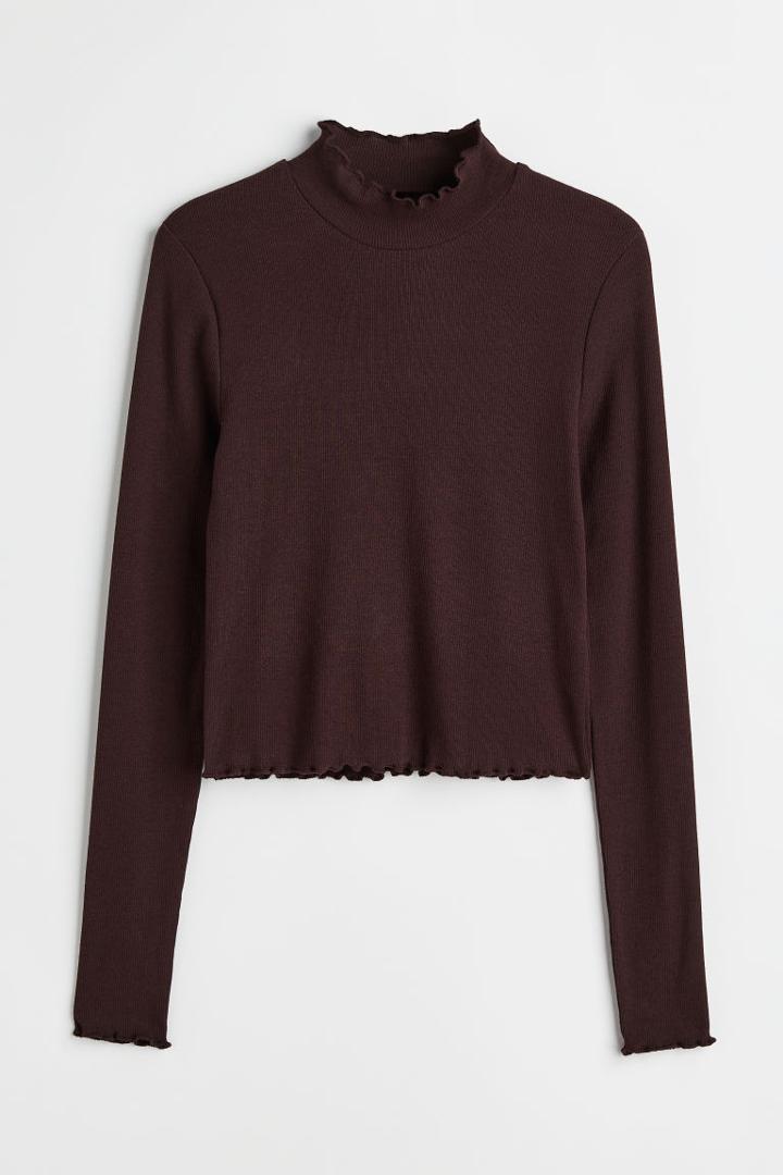 H & M - Ribbed Long-sleeved Top - Brown