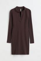 H & M - Collared Ribbed Bodycon Dress - Brown