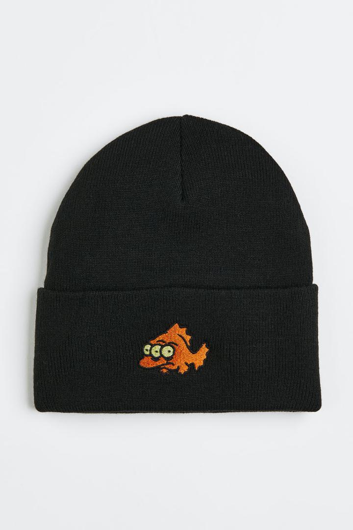 H & M - Embroidered-motif Fine-knit Hat - Black