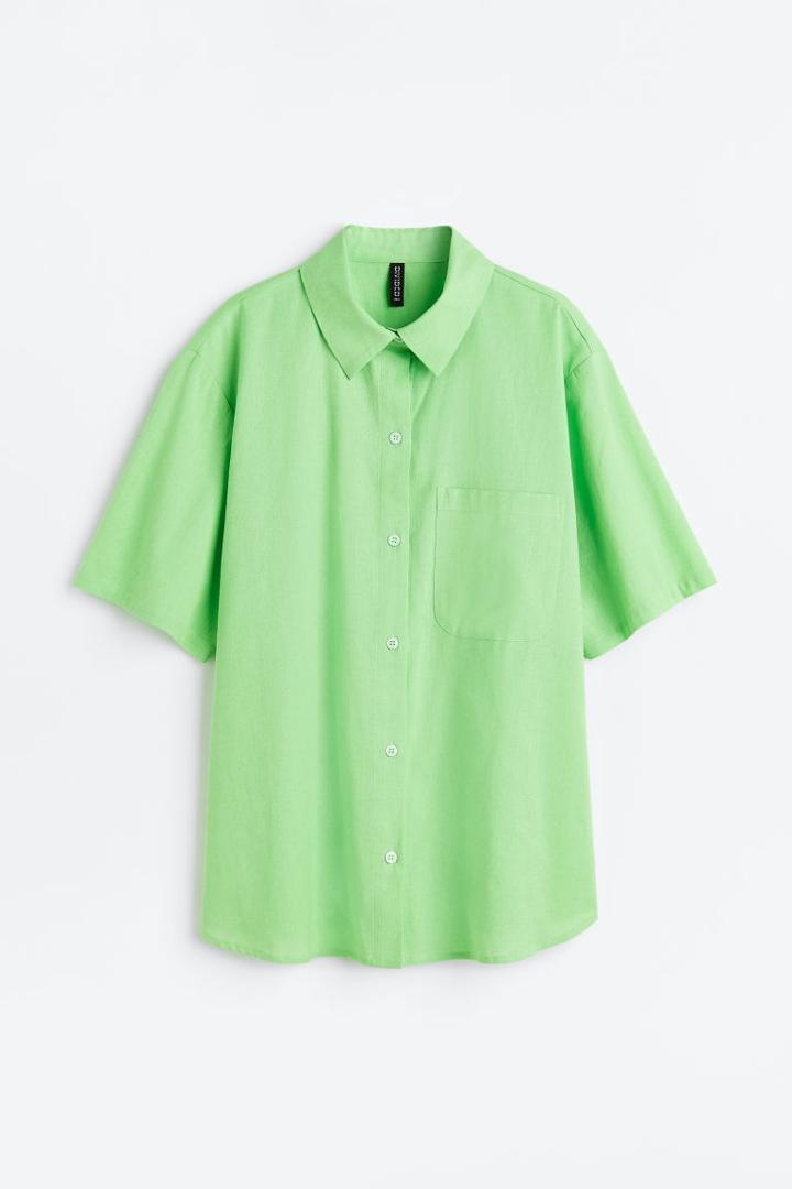 H & M - Short-sleeved Linen-blend Shirt - Green