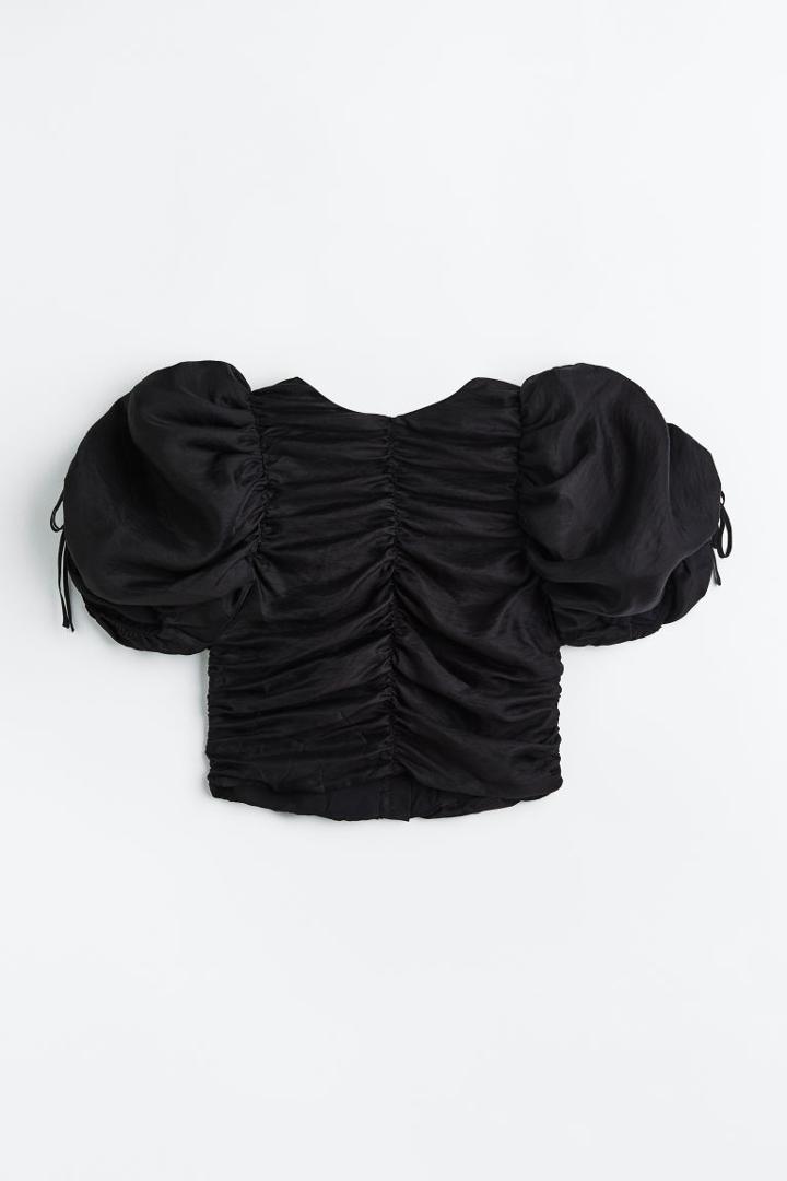 H & M - Gathered Puff-sleeved Blouse - Black