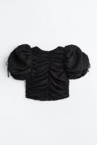 H & M - Gathered Puff-sleeved Blouse - Black