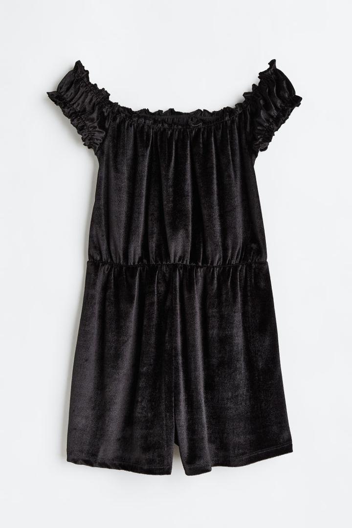 H & M - Off-the-shoulder Velour Romper - Black
