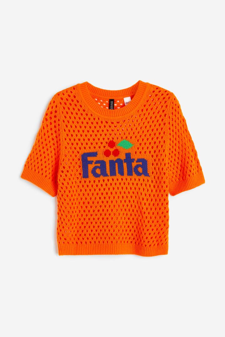 H & M - Motif-front Hole-knit Top - Orange