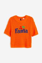 H & M - Motif-front Hole-knit Top - Orange