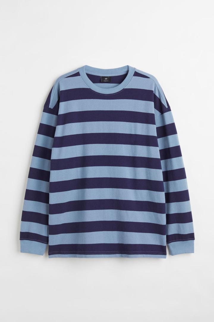 H & M - Oversized Fit Long-sleeved Piqu Shirt - Blue