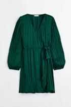 H & M - Balloon-sleeved Wrapover Dress - Green