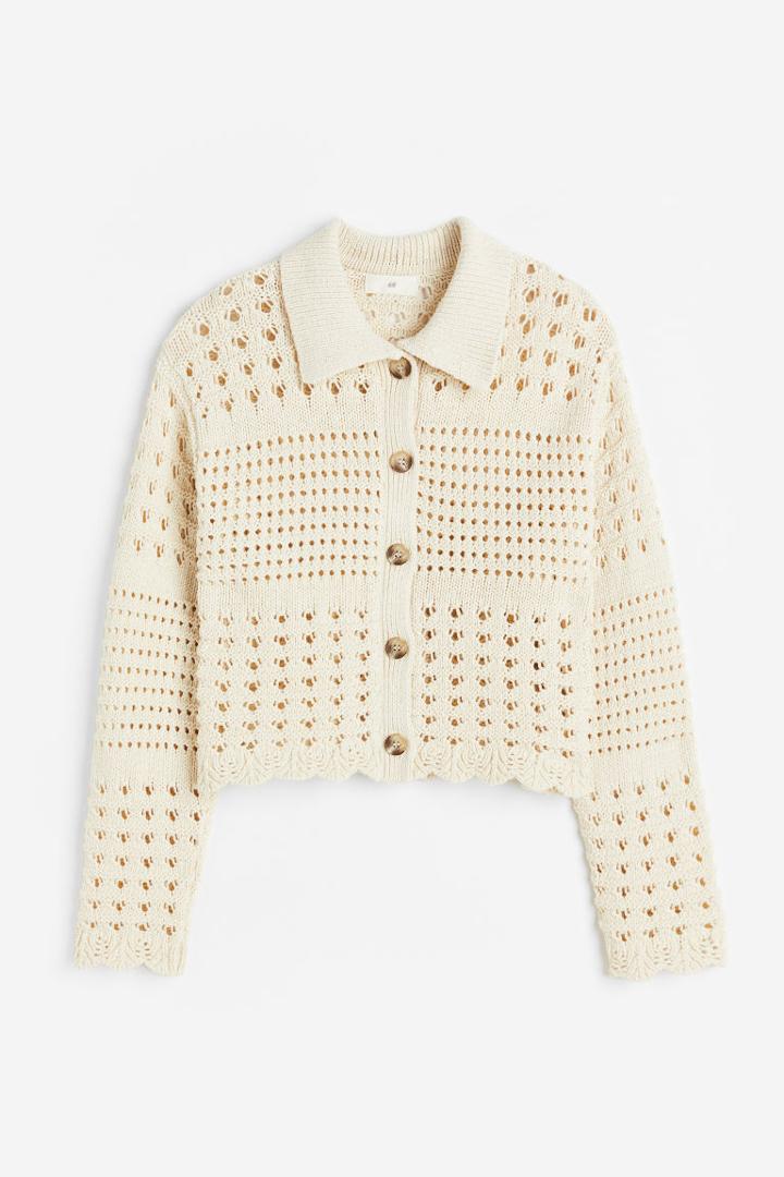 H & M - Hole-knit Sweater With Collar - Beige