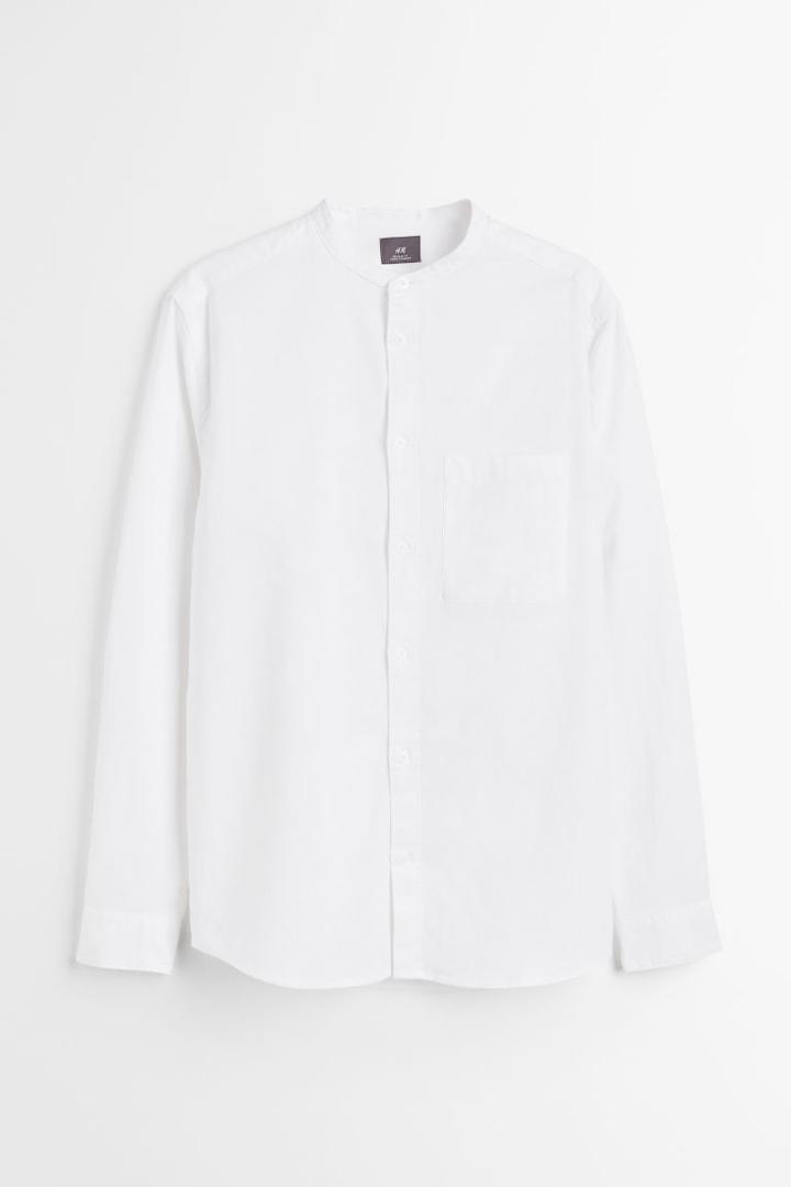 H & M - Linen-blend Band-collar Shirt - White