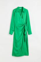 H & M - Satin Wrap-front Dress - Green
