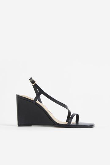 H & M - Wedge-heeled Leather Sandals - Black