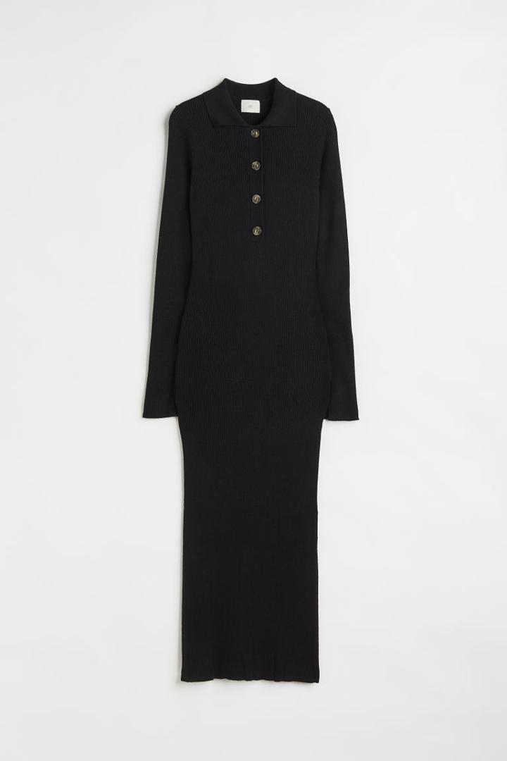 H & M - Collared Rib-knit Dress - Black