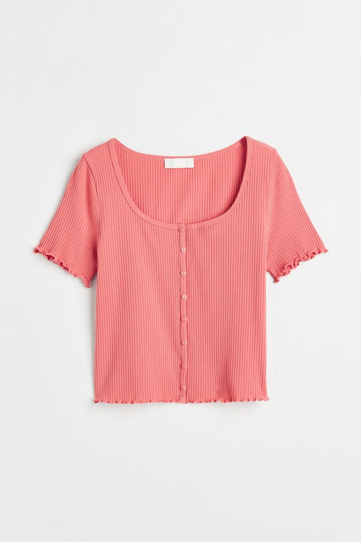 H & M - Button-front Ribbed Top - Red