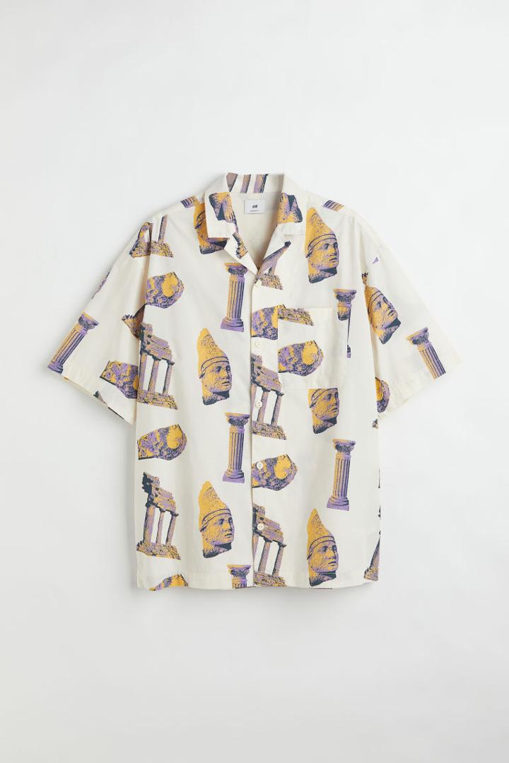 H & M - Oversized Fit Patterned Resort Shirt - White