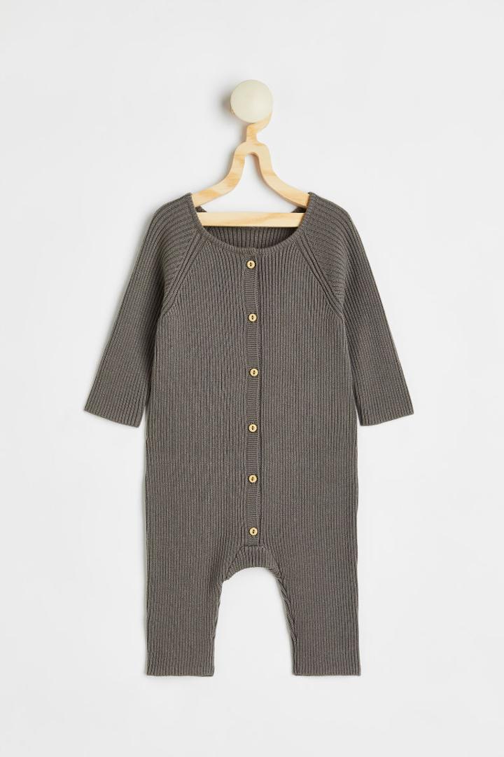 H & M - Rib-knit Cotton Romper Suit - Gray