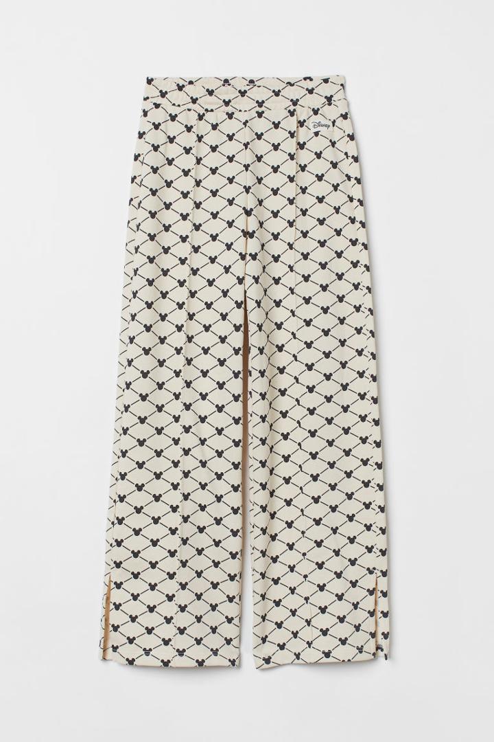 H & M - Wide-leg Printed Joggers - Beige