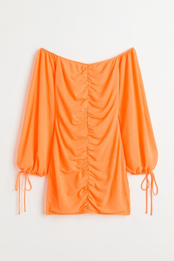 H & M - Fitted Off-the-shoulder Dress - Orange