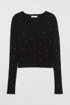 H & M - Rhinestone-embellished Ribbed Cardigan - Black